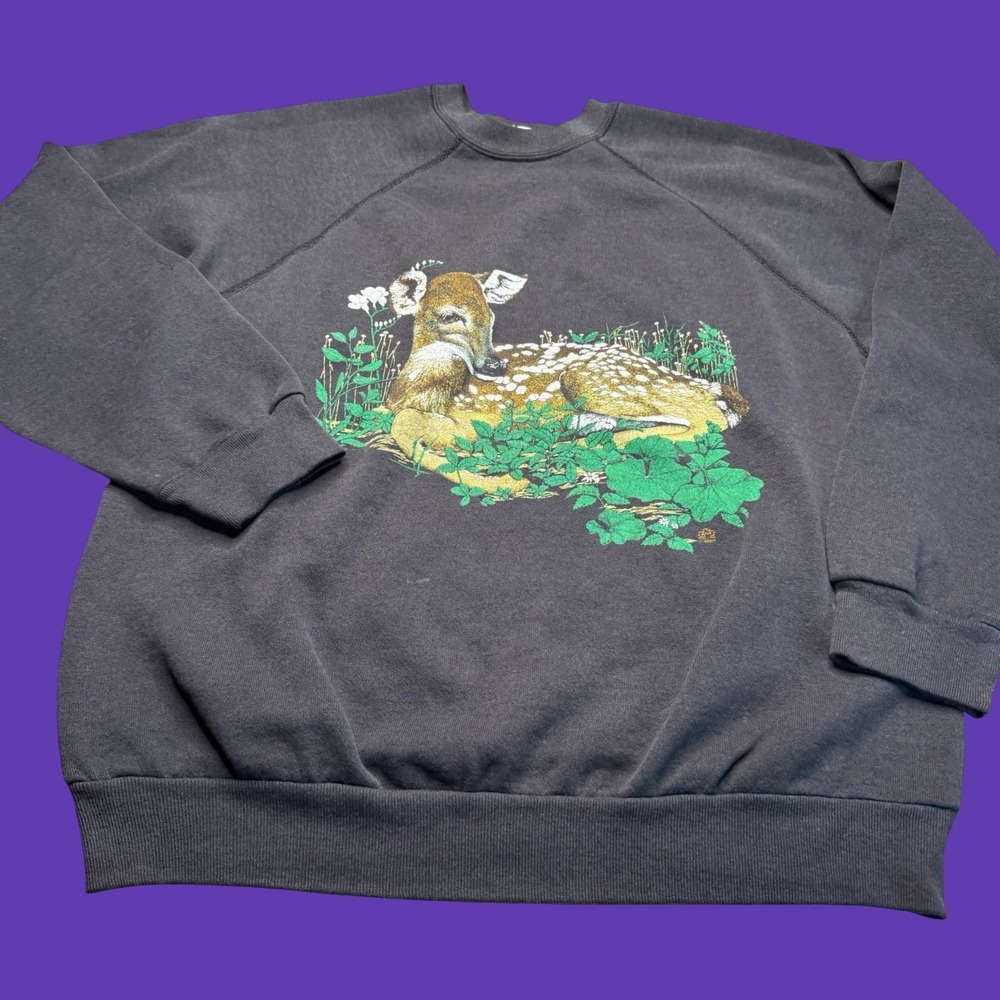 Tultex Deer Graphic Sweatshirt Large Black Wildlife Nature Made in USA Vintage